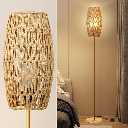 Floor Lamp for Living Room,Farmhouse Floor lamp,Modern Standing lamp with Hand-Worked Rattan Shade (Drum Rattan Shade Body Gold Color-3 Color Bulb)