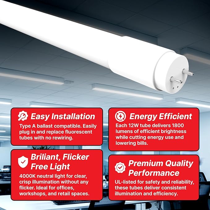 – 25-Pack T8 LED Tube Light 4FT, 12W 1800LM, Type A Ballast Compatible, 4100K Daylight, UL-Listed, Easy Plug & Play Fluorescent Replacement, Energy-Saving for Shop & Office