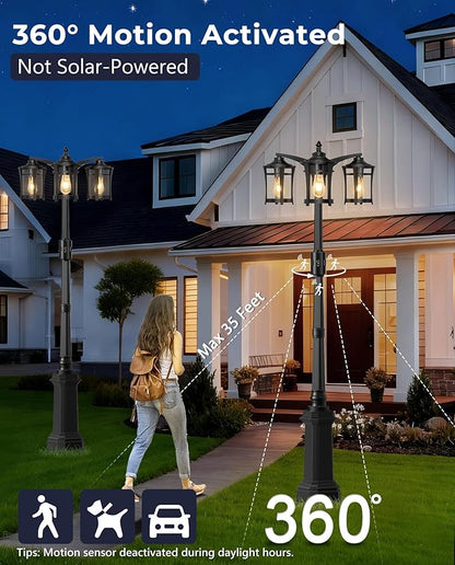 Lotsky Motion Sensor Outdoor Post Lights,360°Detection Dusk to Dawn Lamp Posts Outdoor Lighting with 3 Modes,Black 3-Head Aluminum Outside Street Light for Garden,Driveway,Patio,Waterproof,E26 Base