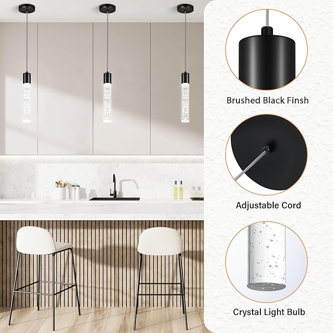 Pendant Lights Kitchen Island, 6500K Modern Kitchen Island Lights Brushed Black, 1 Pack Ceiling Lighting Fixtures with Crystal Bubble, Integrated LED Hanging Light for Dining Room Restaurant