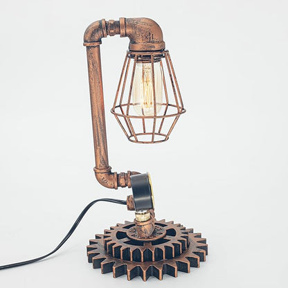 Vintage Copper Steampunk Pipe Table Lamp with Clock (Cage Shade Design) QTF-BT02