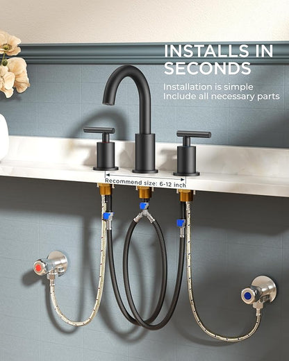 FORIOUS Black Bathroom Faucet 3 Hole, 8 Inch Matte Black Bathroom Sink Faucet Widespread with 360° Swivel Spout, Suitable for 6-12 Inch Vanity Sink, with Pop-up Drain and cUPC Supply Line