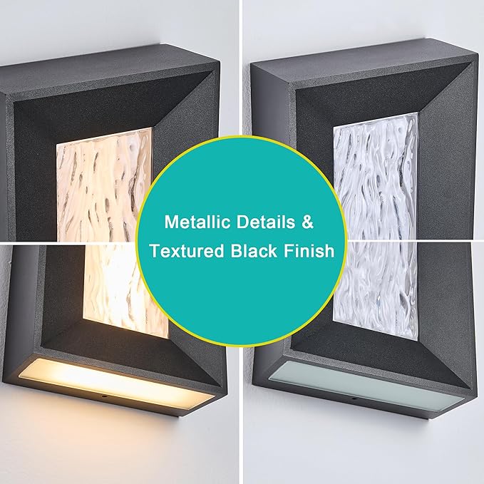 Modern 15in LED Outdoor or Indoor Wall Light with Cast Art Glass,Integrated LED 18.5W 3000K,IP65 Waterproof,Aluminum Extrusions in Textured Black,Wall Mount for Patio, Entryway, Garage