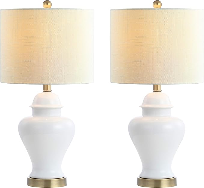 JONATHAN Y JYL6602C-SET2 22" White Classic Ceramic Table Lamp Set of 2 for Living Room, Traditional Ginger Jar Bedside Lamps for Bedroom Nightstand with White Linen Shade, LED Bulbs Included