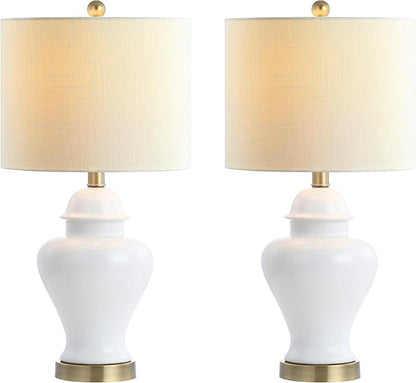 JONATHAN Y JYL6602C-SET2 22" White Classic Ceramic Table Lamp Set of 2 for Living Room, Traditional Ginger Jar Bedside Lamps for Bedroom Nightstand with White Linen Shade, LED Bulbs Included