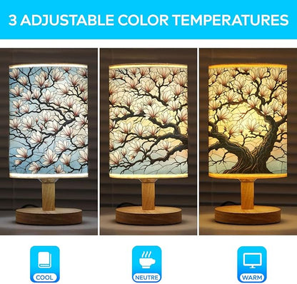 Magnolia Table Lamp LED 3-Color Pressed Bedside, Magnolia Shade Lamp with Wood Base for Bedroom Living Room Desk Office TL01