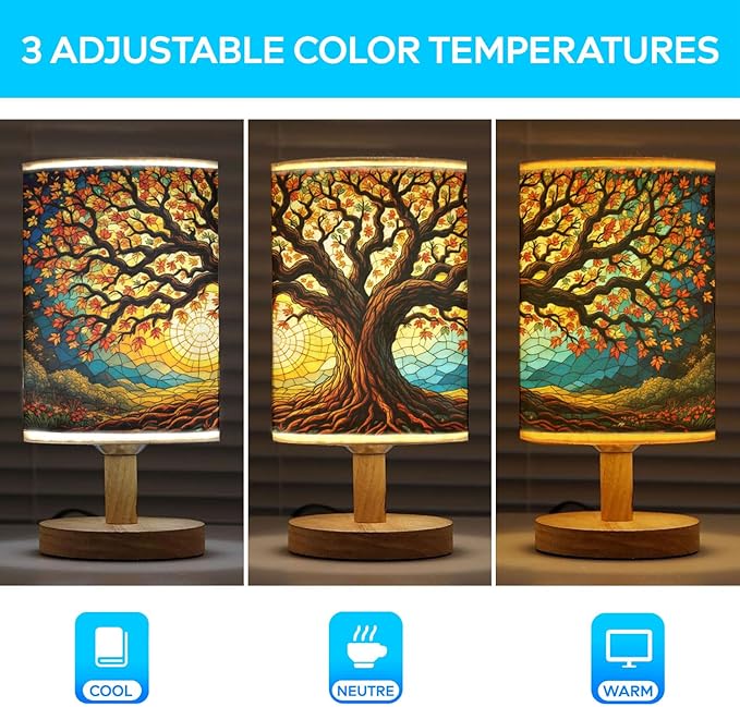 Tree of Life Table Lamp LED 3-Color Pressed Bedside, Tree of Life Shade Lamp with Wood Base for Bedroom Living Room Desk Office TL01
