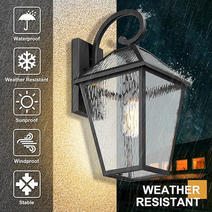 Outdoor Lights Fixtures Wall Mount, Outdoor Wall Lantern with Water Ripple Glass, Waterproof Outside Exterior Wall Sconce Lights Fixture for House, Front Porch, Patio, Medium, Matte Black