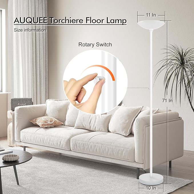 30W Torchiere Floor Lamp - 3600LM Super Bright LED Floor Lamp, 71 Inch Stepless Dimmable Standing Lamp with 3000K Lighting, Rotary Switch, Tall Metal Torch Floor lamps for Living Room/Bedroom (White)
