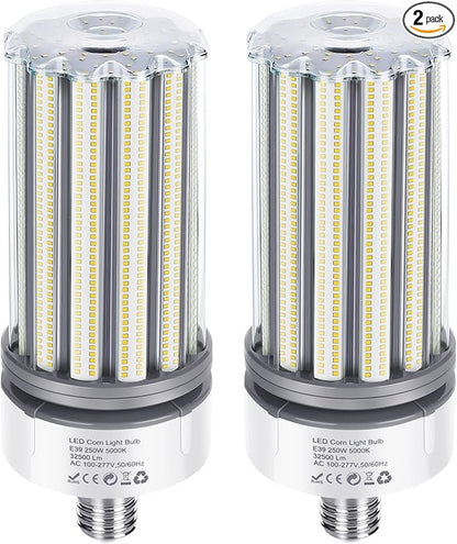 250W LED Corn Light Bulb 2 Pack, 32500Lm 1000w Replacement,5000K E39 Mogul Base LED Bulb,Retrofit HPS HID Lamp for Commercial Industrial High Bay light Wearehouse Gyms Barn Storage Room Workshop
