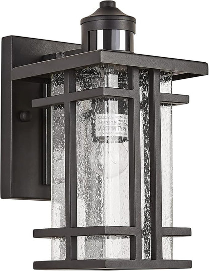 Motion Sensor Outdoor Wall Light Dusk to Dawn Outside Wall Sconce with Seeded Glass Exterior Light Fixtures Wall Mount 3 Modes Motion Activated Outdoor Porch Wall Lantern IP65 Waterproof Black