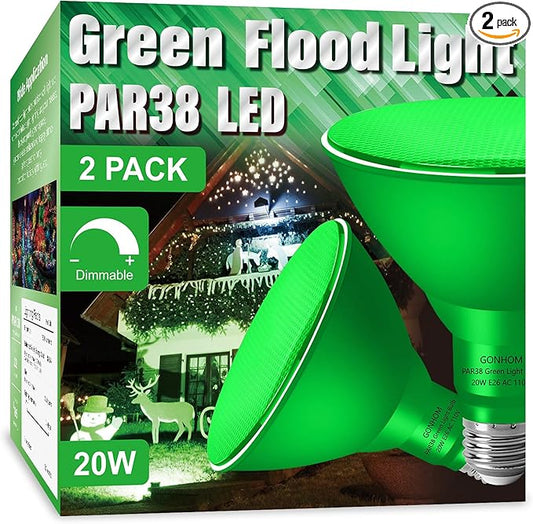 PAR38 Flood Lights Outdoor,Dimmable LED Flood Light Bulbs,20W(Equivalent to 200W),E26 Base,Outdoor Porch,Holiday Lighting,LED Flood Light Bulb for Halloween,Christmas,2 Pack Green