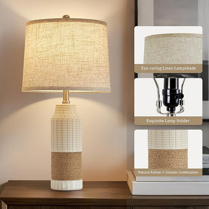 GyroVu Boho Rattan Table Lamps Set of 2, Bedside Table Lamps for Night Stands, Vintage Farmhouse Rattan Table Lamp Antique for Decoration, Bedroom, Living Room, Bedside Table