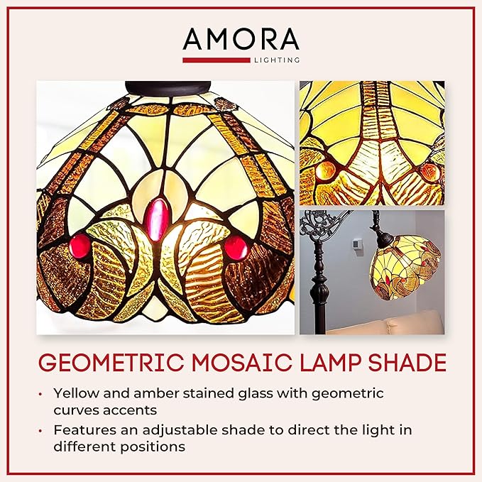 Amora Tiffany Style Floor Lamp Arched Vintage Antique 62" Tall Stained Glass Brown Red Tan Traditional Light Decor Bedroom Living Room Reading Gift AM344FL12 Lighting