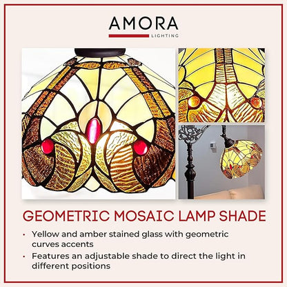 Amora Tiffany Style Floor Lamp Arched Vintage Antique 62" Tall Stained Glass Brown Red Tan Traditional Light Decor Bedroom Living Room Reading Gift AM344FL12 Lighting
