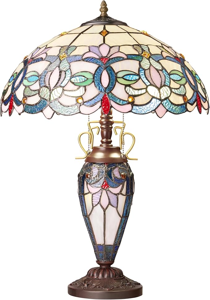 RIVER OF GOODS 24.5" H Victorian Ivory Dome Shade Double Lit Tiffany-Style Stained Glass Table Lamp