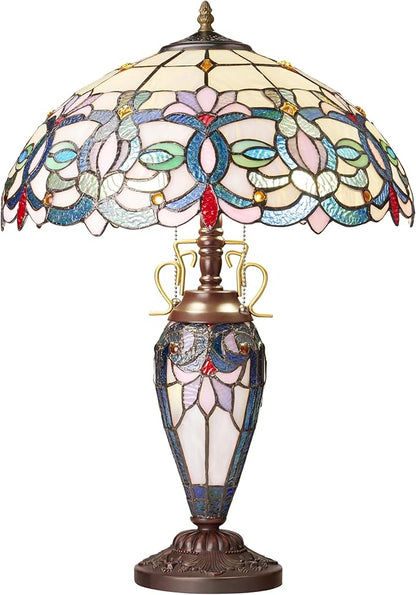 RIVER OF GOODS 24.5" H Victorian Ivory Dome Shade Double Lit Tiffany-Style Stained Glass Table Lamp