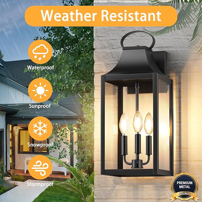 20" Extra Large Dusk to Dawn Outdoor Wall Light, Black Exterior Lighting Fixtures with 3-Light, Waterproof Wall Mount Porch Lantern, Modern Outside Wall Sconce Garage Coach Light, E12, 1 Pack
