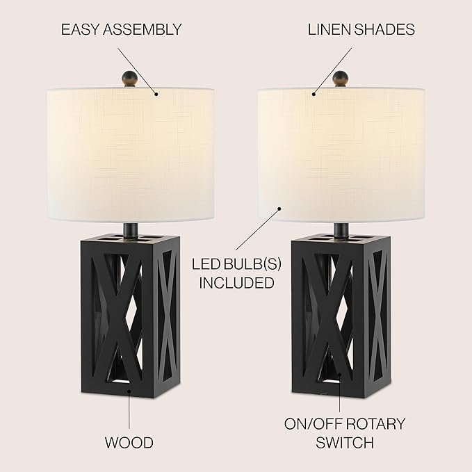 JONATHAN Y JYL1062C-SET2 Stewart 21.5" Wood LED Table Lamp Farmhouse, French Country, Rustic, Bohemian, Bedroom, Living Room, Office, College, Bookcase, Black (Set of 2)