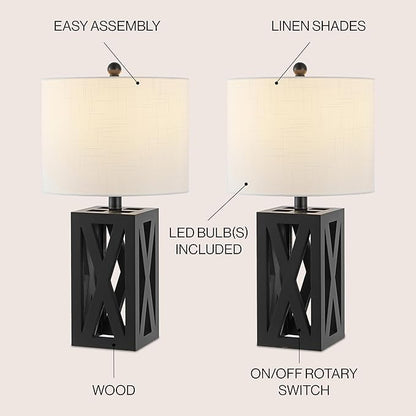 JONATHAN Y JYL1062C-SET2 Stewart 21.5" Wood LED Table Lamp Farmhouse, French Country, Rustic, Bohemian, Bedroom, Living Room, Office, College, Bookcase, Black (Set of 2)