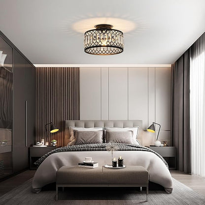 Crystal Ceiling Light Fixture, Modern Flush Mount Ceiling Light, Black Crystal Chandelier for Kitchen Bedroom Bathroom Entryway Hallway