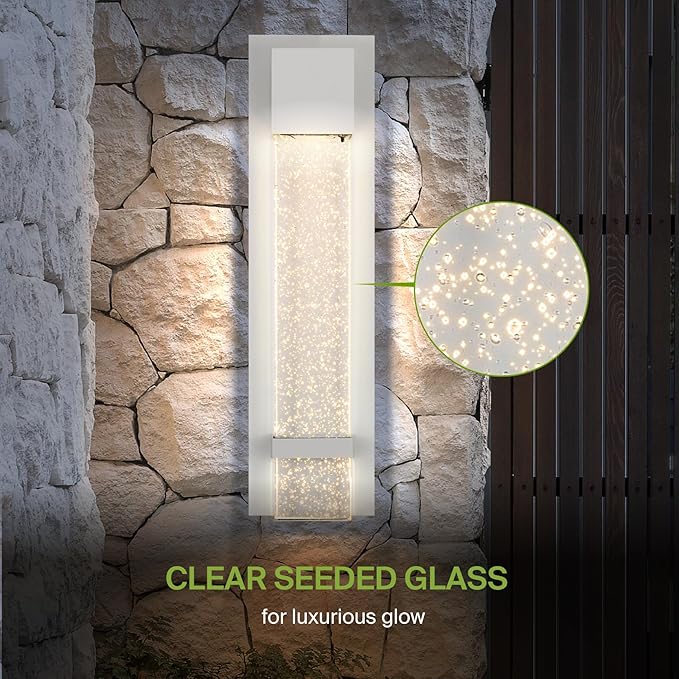 ASD LED 18" Bubble Glass Wall Light Fixture, Outdoor & Indoor Seeded Sconce | 3CCT, Waterproof, Dimmable, ETL Listed | 12W 500LM 3000-5000K 120V | Exterior Lantern, Porch Lighting | White, 2 Pack