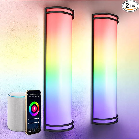 ASD 24 Inch Smart RGBW LED Outdoor & Indoor Wall Mount Light Fixture - Black RGB Wall Sconce Exterior Lighting - 120-277V 23W 2700-6500K Dimmable, Remote Control, Alexa - Front Door, Patio ETL 2 Pack