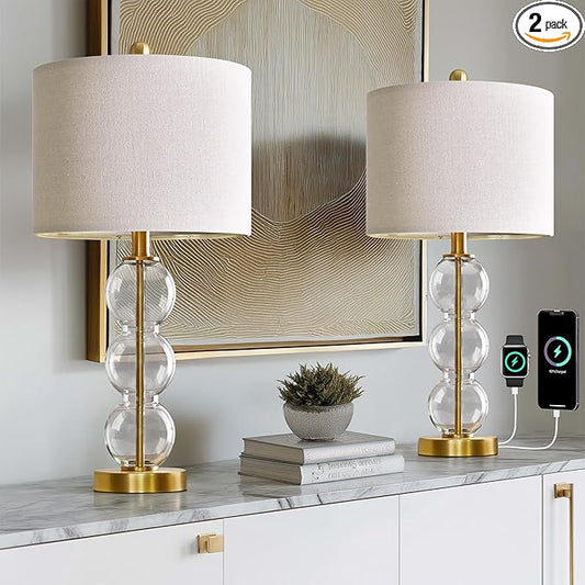 Oneach 25" Glass Table Lamps Set of 2, Gold Modern Table Lamps with USB Ports for Living Room, Linen Shade Bedside Lamps for Bedroom, Nightstand, Side Table (Bulbs not Included)