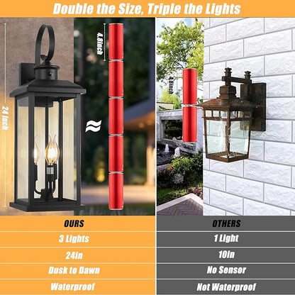 24" Dusk to Dawn Porch Lights Outdoor 3-Light, Black Modern Large Wall Light Fixture Lantern, Waterproof Exterior Lighting Sconce Wall Mount, Outside Lamp for Farmhouse Doorway Patio E12