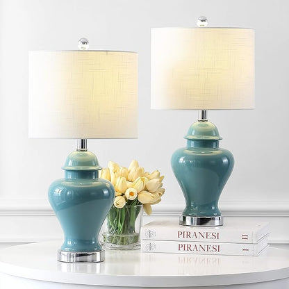 JONATHAN Y JYL6602A-SET2 22" Jade Green Classic Ceramic Table Lamp Set of 2 for Living Room, Traditional Ginger Jar Bedside Lamps for Bedroom Nightstand with White Linen Shade, LED Bulbs Included