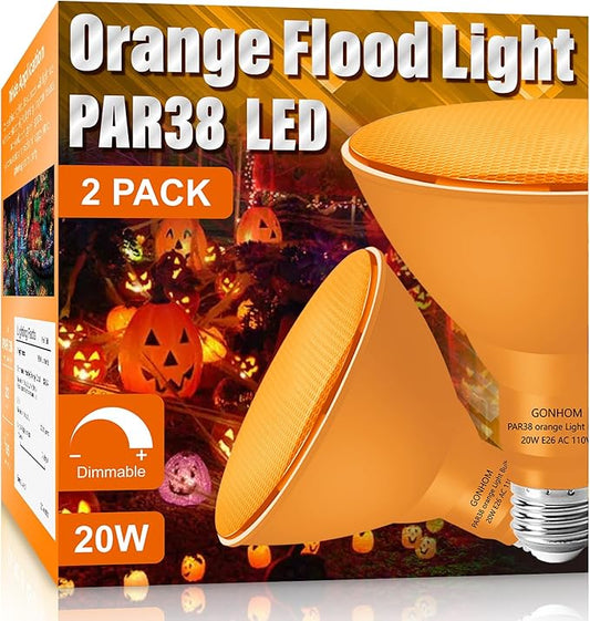 PAR38 Flood Lights Outdoor,Dimmable LED Flood Light Bulbs,20W(Equivalent to 200W),E26 Base,Outdoor Porch,Holiday Lighting,LED Flood Light Bulb for Halloween,Christmas,2 Pack Orange