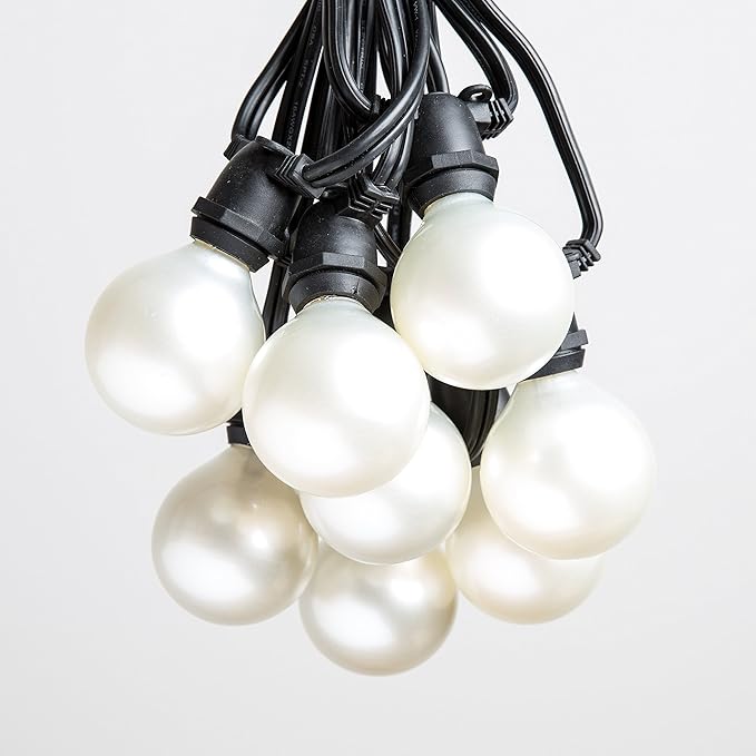 Hometown Evolution, Inc. 100 Foot C9 Commercial Exterior Globe String Lights with 80 G50 2 Inch White Satin Bulbs (Black Wire) for Weatherproof Heavy Duty Vintage Outside Lighting