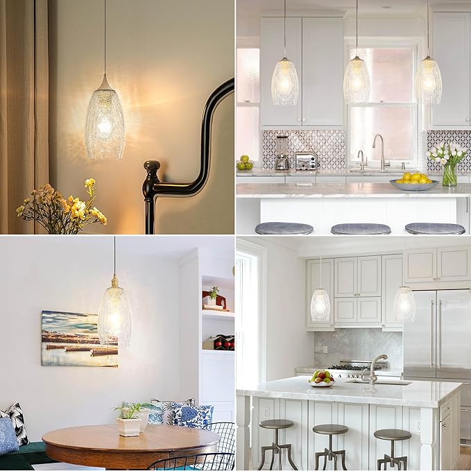 GO&SO 3 Pack Crackle Glass Pendant Light Shade Replacement, 4"W x 7.8"H, 1.57" Fitter, Oval Art Glass Light Fixture for Kitchen Island Pendant Lights, High Transmittance for Wall Sconces/Chandelier