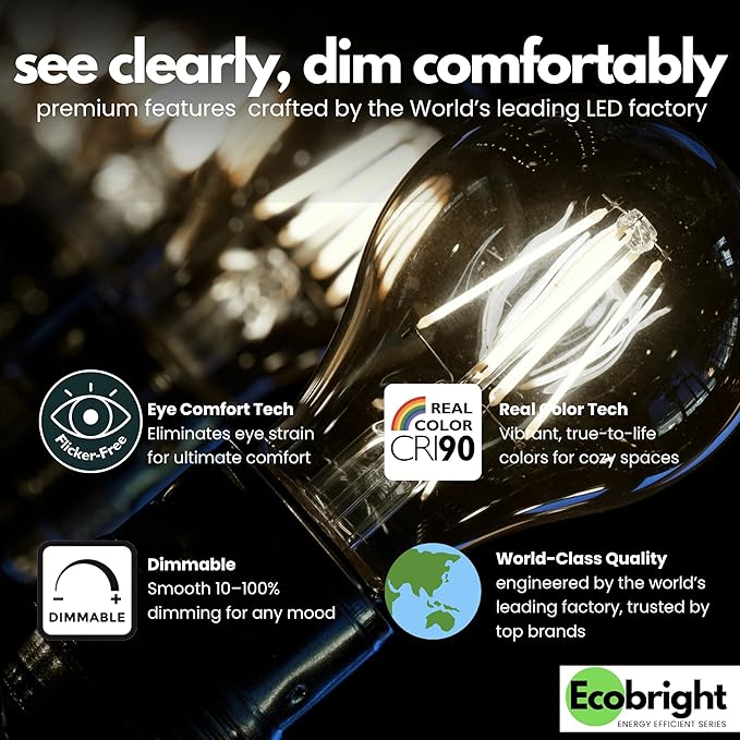 EcoBright 4PK Dimmable A19 LED Filament Bulb 40W Equivalent 5W E26 Base 450 Lumens CRI90 Flicker Free Clear Glass Energy Star Title 20 Daylight 5000K for Lamps Ceiling Fixtures and Indoor Use