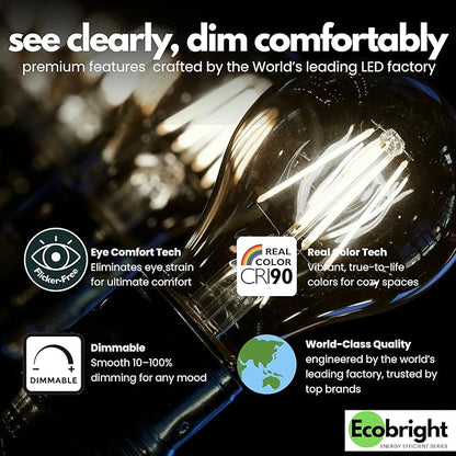 EcoBright 4PK Dimmable A19 LED Filament Bulb 40W Equivalent 5W E26 Base 450 Lumens CRI90 Flicker Free Clear Glass Energy Star Title 20 Daylight 5000K for Lamps Ceiling Fixtures and Indoor Use