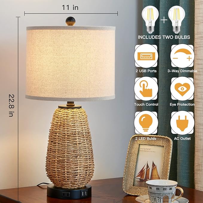 Touch Control Rattan Table Lamp, 3 Way Dimmable Bedside Lamp for Bedroom with 2 USB Ports and AC Outlet, Nightstand Lamps for Living Room(LED Bulbs Included), Grass-1PK
