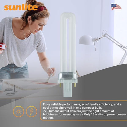 Sunlite PL13/SP50K Compact Fluorescent Single U-Shaped Twin Tube Light Bulb, 13 Watts, 120 Volts, 720 Lumens, 2-Pin GX23 Base, 5000K Daylight, 10 Pack