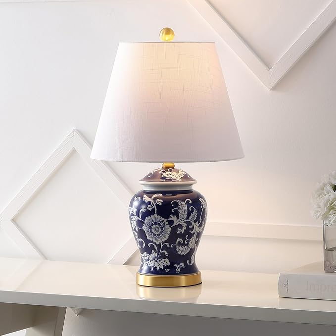 JONATHAN Y JYL3005D 22" French Country Ginger Jar Table Lamp, Navy and White Chinoiserie Ceramic Bedside Lamp for Living Room, Traditional Bedroom Nightstand with White Linen Shade, LED Bulb Included