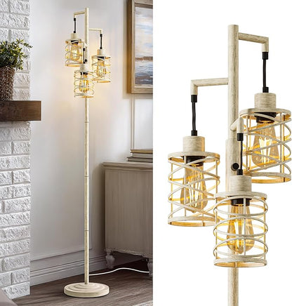 BOBOMOMO 70" Farmhouse Dimmable Floor Lamp, Weathered White Rustic Industrial Metal Cage Standing Lamp with 3 LED Bulbs, Stepless Dimming Tall Tree Lamp for Living Room, Bedroom, Entryway, Corner