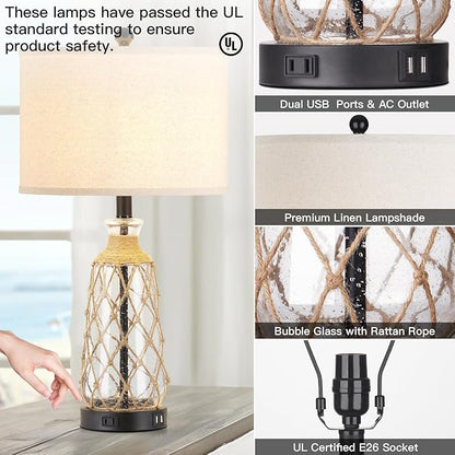 25.5" Coastal Glass Table Lamps Set of 2, 3-Way Dimmable Touch Control Bedside Lamps with 2 USB Ports and AC Outlet, Clear Nautical Nightstand Lamp for Bedroom Living Room (LED Bulbs Included)