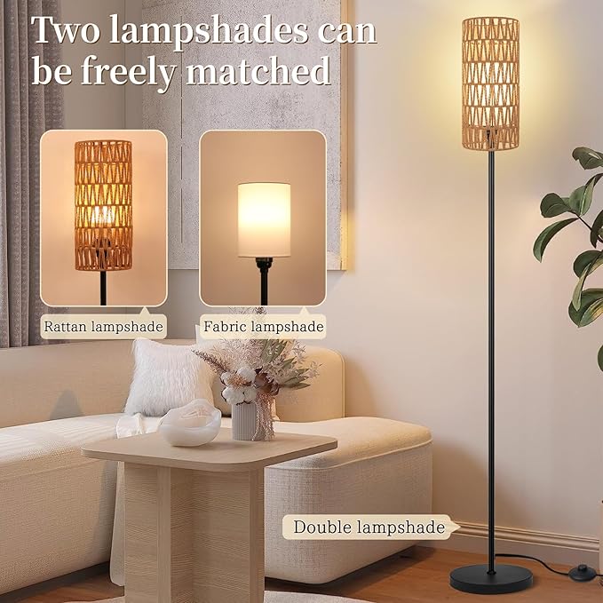 Floor Lamp for Living Room,Farmhouse Floor lamp,Modern Standing lamp with Hand-Worked Rattan Shade (Double Shade-with Remote)