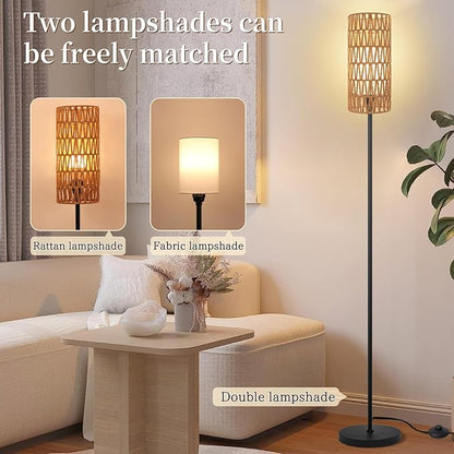 Floor Lamp for Living Room,Farmhouse Floor lamp,Modern Standing lamp with Hand-Worked Rattan Shade (Double Shade-with Remote)