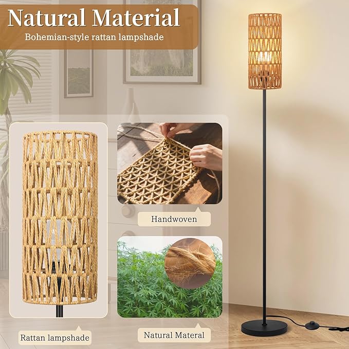 Floor Lamp for Living Room,Farmhouse Floor lamp,Modern Standing lamp with Hand-Worked Rattan Shade (Round Rattan Shade-3 Color Bulb)