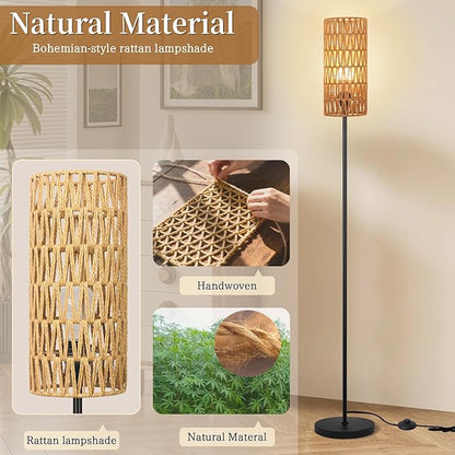 Floor Lamp for Living Room,Farmhouse Floor lamp,Modern Standing lamp with Hand-Worked Rattan Shade (Round Rattan Shade-3 Color Bulb)