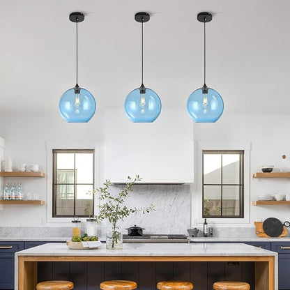 Blue Glass Pendant Lights Kitchen Island Lighting Modern Globe Pendant Light Fixtures Modern Pendant Lights for Kitchen Island Bedroom Living Dining Room Light Fixture-11.8in 2Pack
