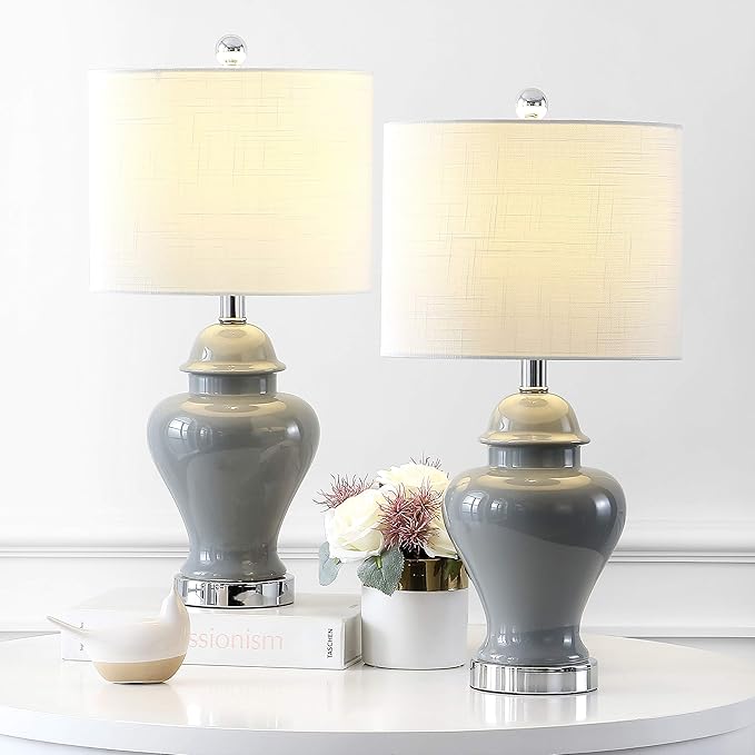 JONATHAN Y JYL6602B-SET2 22" Gray Classic Ceramic Table Lamp Set of 2 for Living Room, Traditional Ginger Jar Bedside Lamps for Bedroom Nightstand with White Linen Shade, LED Bulbs Included