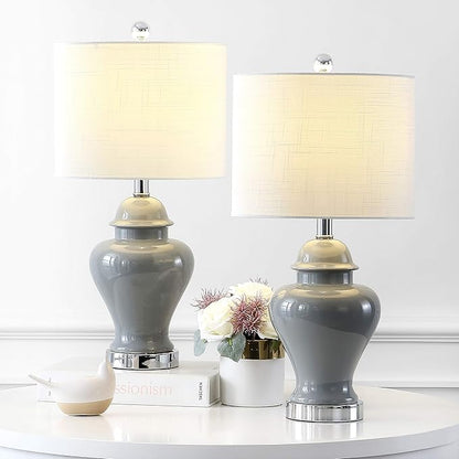 JONATHAN Y JYL6602B-SET2 22" Gray Classic Ceramic Table Lamp Set of 2 for Living Room, Traditional Ginger Jar Bedside Lamps for Bedroom Nightstand with White Linen Shade, LED Bulbs Included