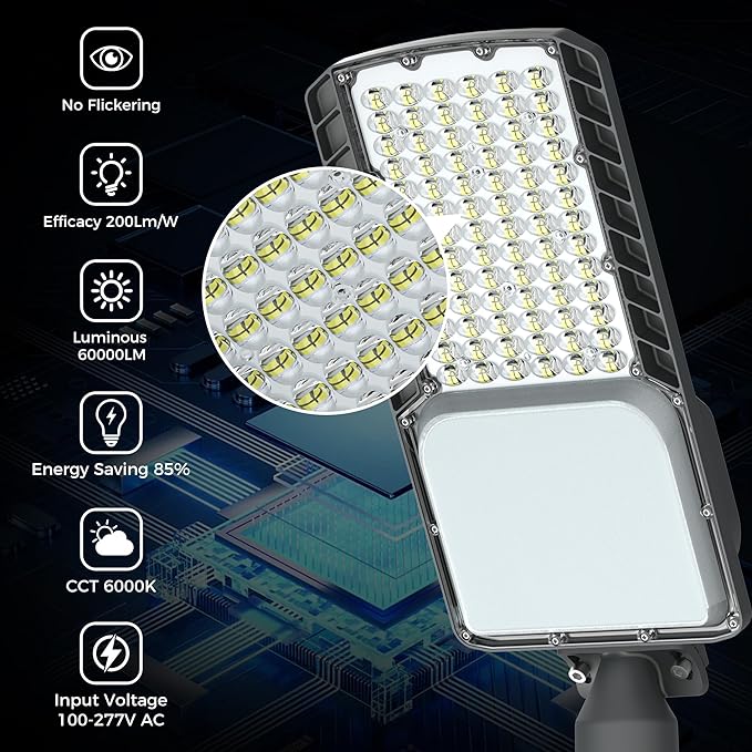 LED Parking Lot Light 300W, 60000LM Dusk to Dawn Street Area Lighting, 6000K IP65 Waterproof Commercial Lights for Parking Lot,10 Years Lifespan for Parking Gym, Driveways, 6 Pack