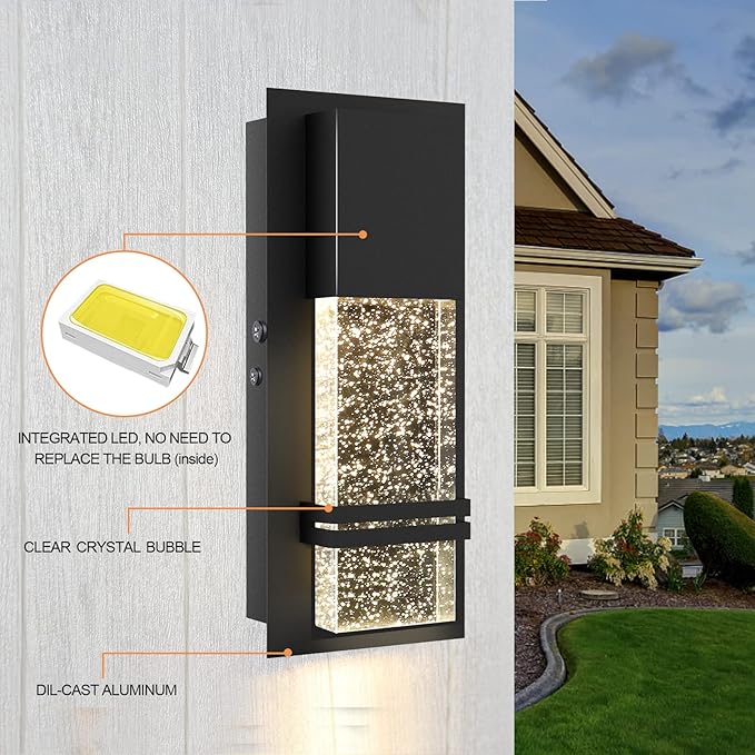 LED Integrated Outdoor Wall Light, Modern Exterior Wall Sconce with Crystal Bubble Glass, 12W 3000K Wall Mount Lighting Matte Black Finish Porch Light for Living Room Entryway Doorway 2 Pack