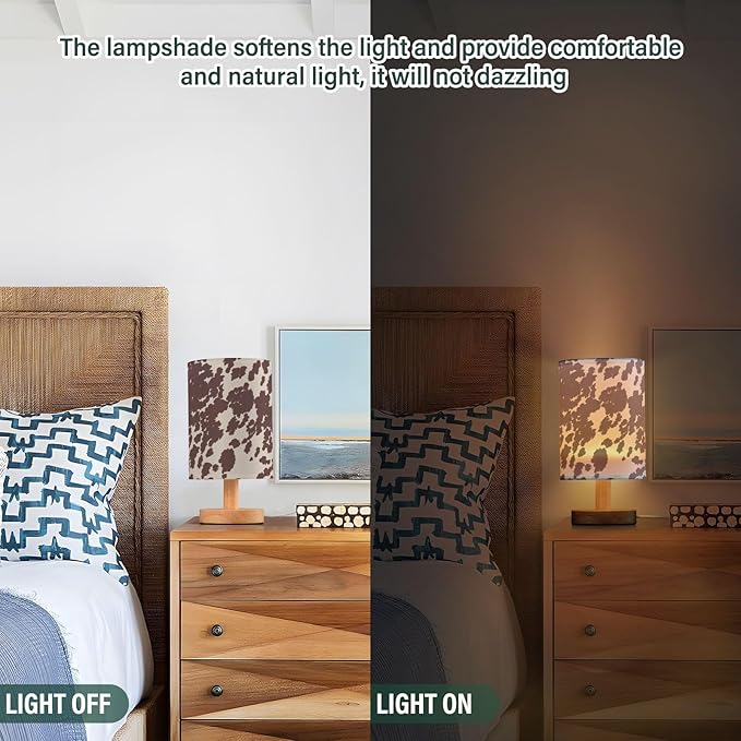 Bedside Lamp Cow Horse Print Brown Spots Table Lamp for Bedroom LED Nightstand Lamp Shade USB Ports Wood Base for Living Room Dorm Office